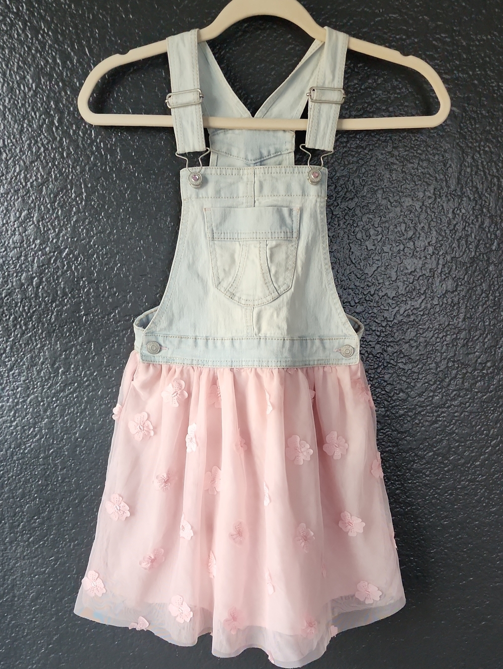 Jordache Light Denim Overall Dress with Pink Tulle Floral Skirt